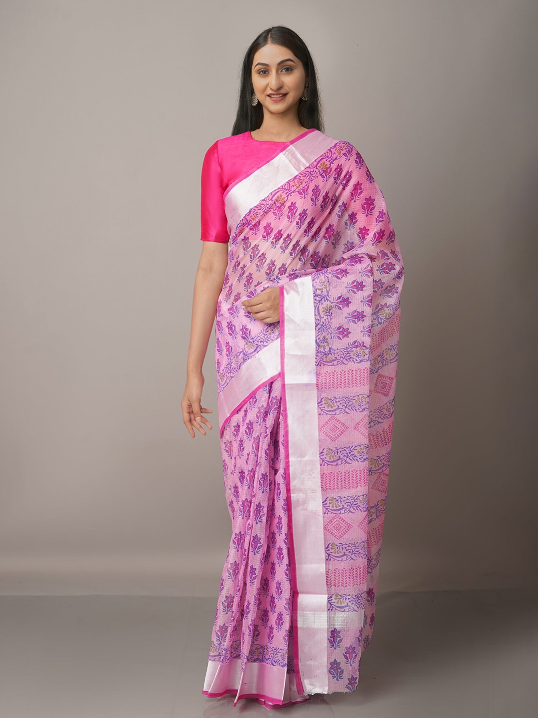 

Unnati Silks Pink & Blue Floral Zari Pure Cotton Kota Saree
