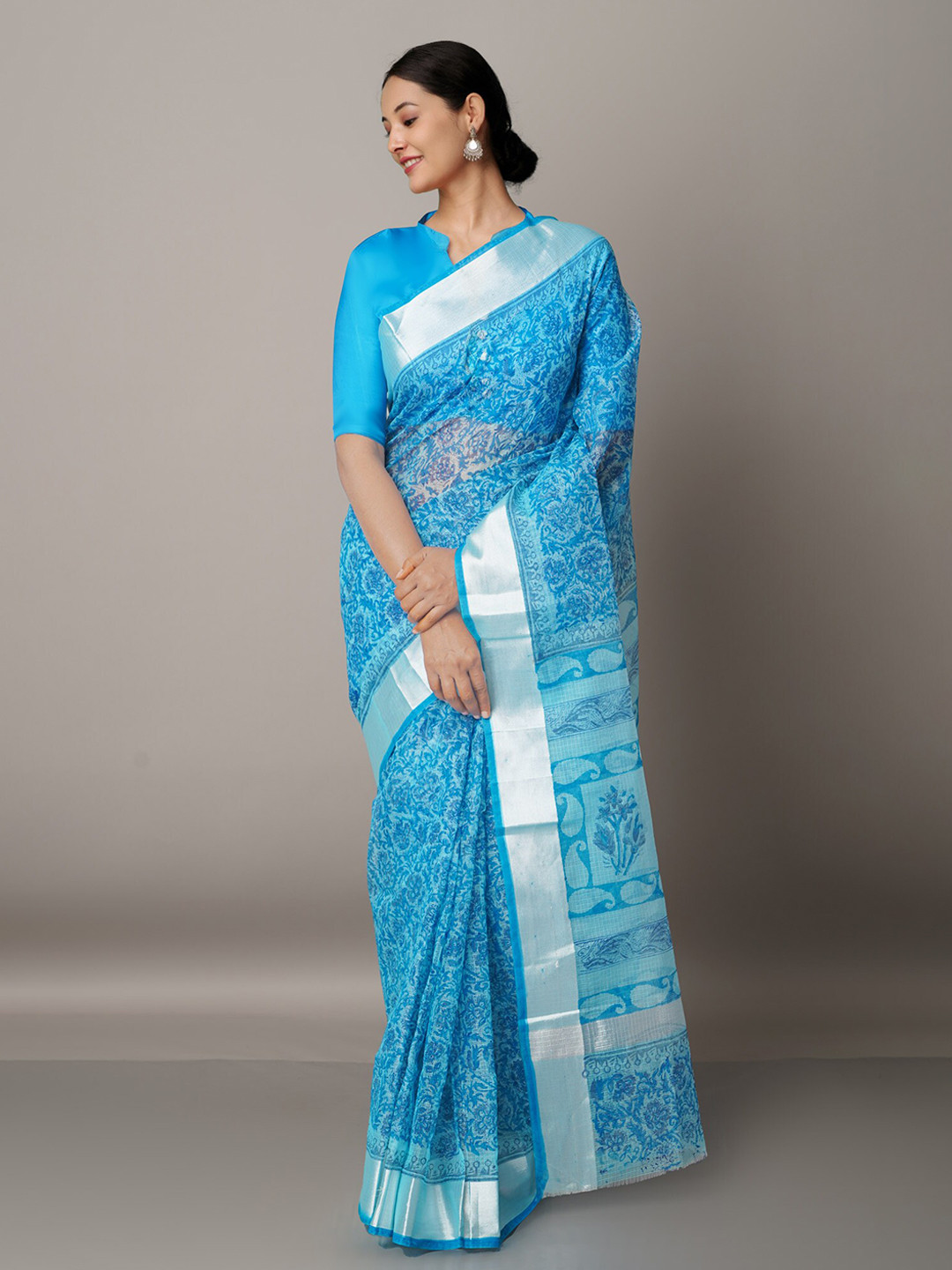 

Unnati Silks Blue & Purple Floral Zari Pure Cotton Kota Saree