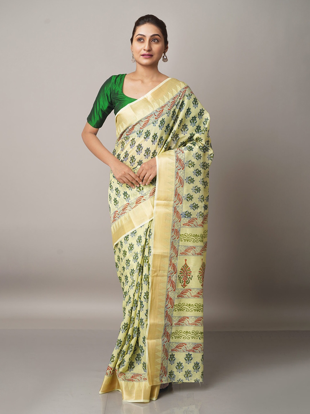 

Unnati Silks Green & Red Ethnic Motifs Zari Pure Cotton Kota Saree