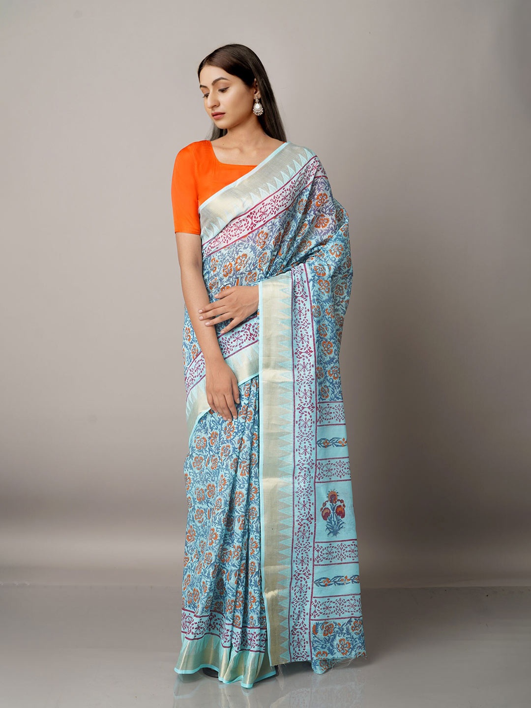 

Unnati Silks Blue & Orange Ethnic Motifs Zari Pure Cotton Kota Saree