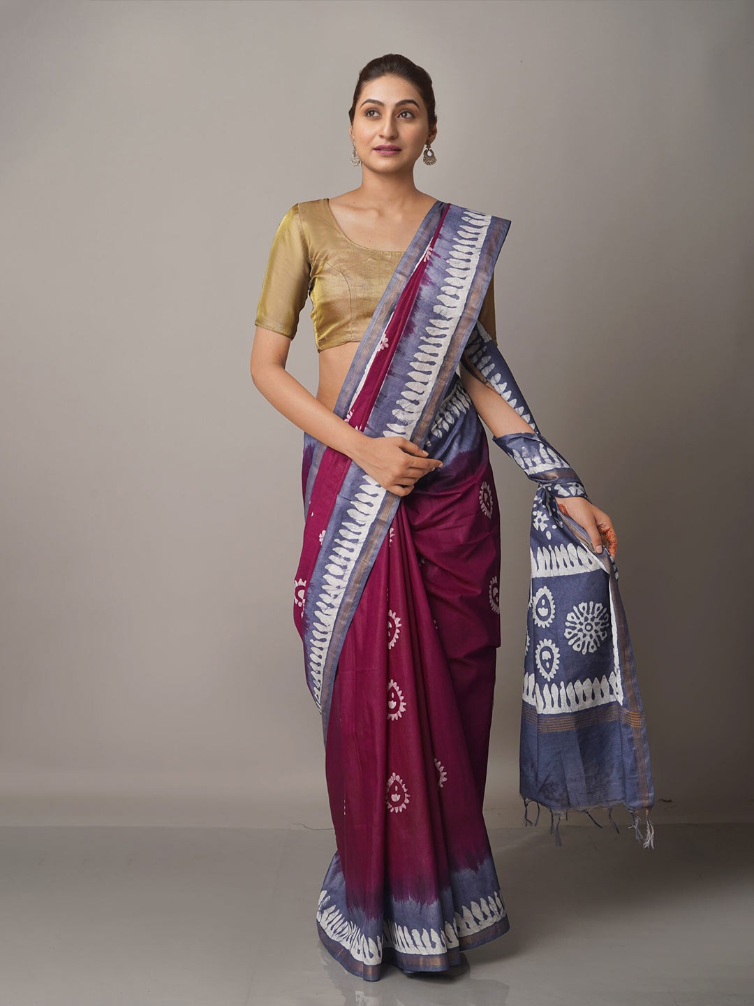 

Unnati Silks Purple & Blue Batik Zari Silk Blend Chanderi Saree