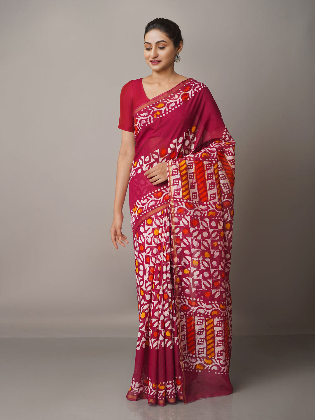 

Unnati Silks Purple & White Batik Zari Silk Cotton Chanderi Saree