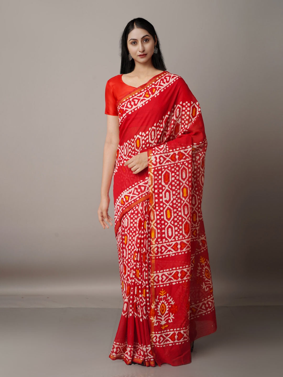 

Unnati Silks Red & White Batik Zari Silk Cotton Chanderi Saree