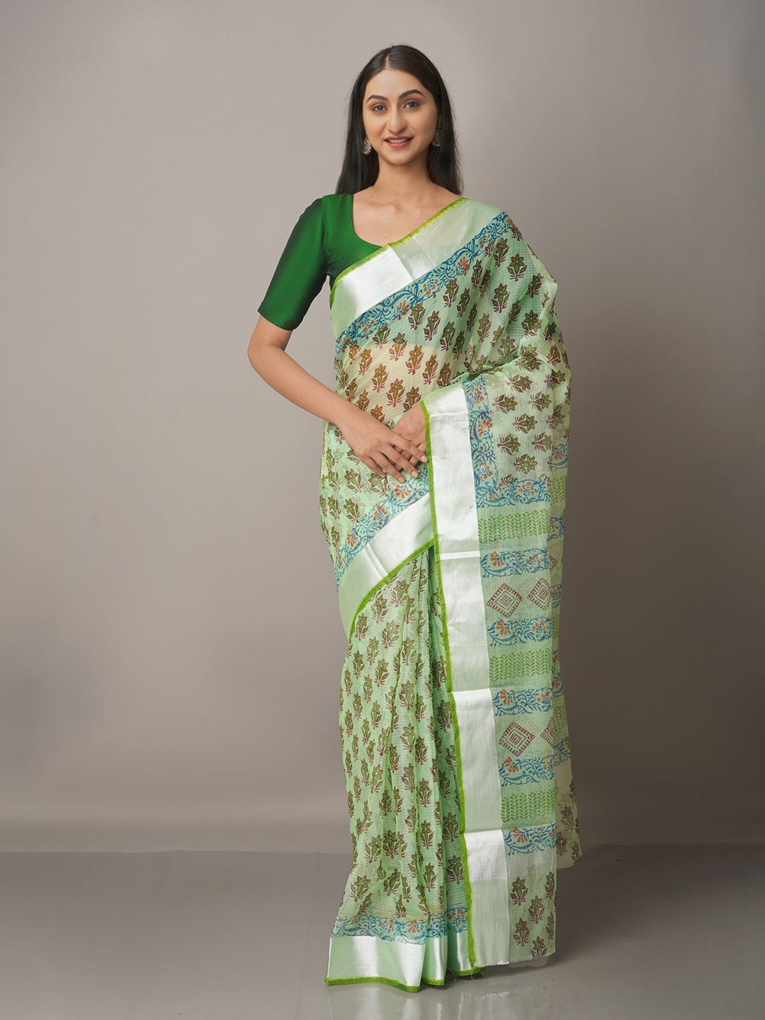 

Unnati Silks Green & Blue Floral Zari Pure Cotton Kota Saree