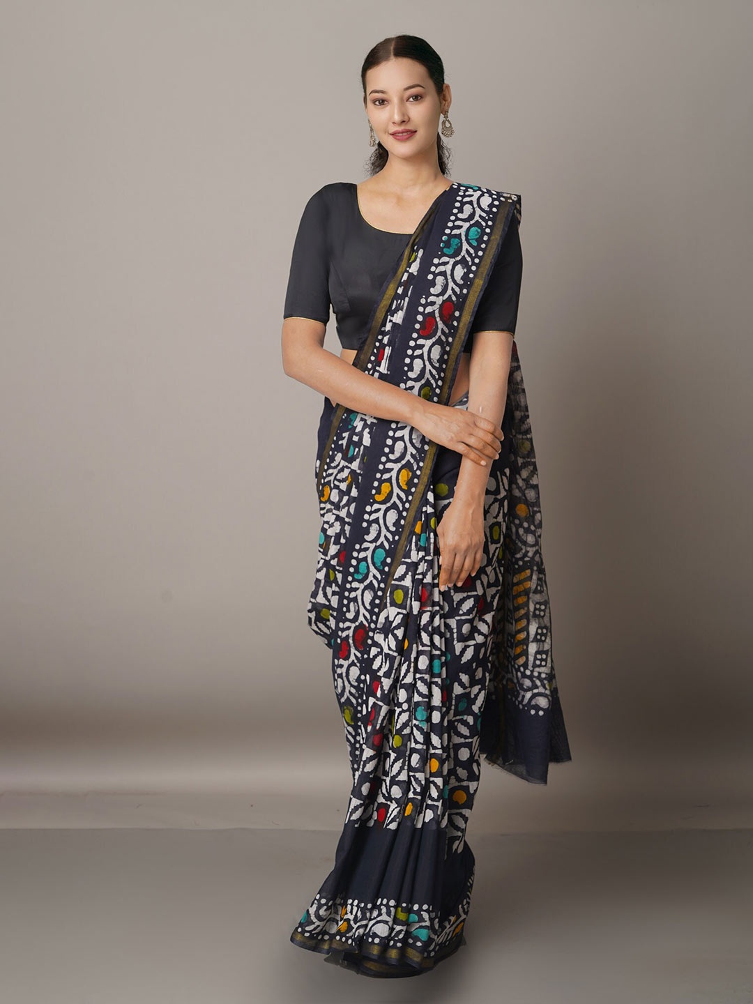

Unnati Silks Black & Yellow Batik Zari Silk Cotton Chanderi Saree