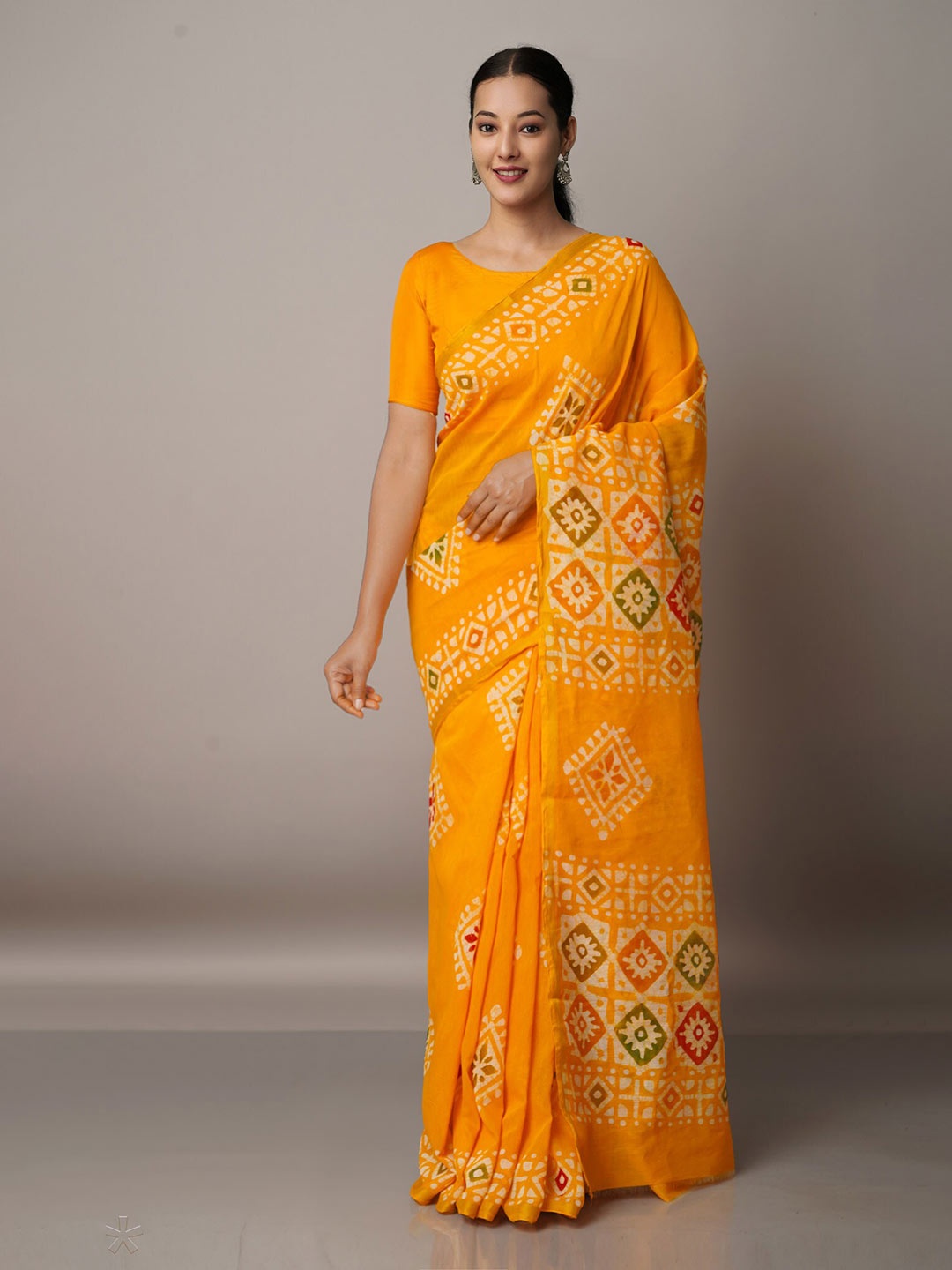 

Unnati Silks Yellow & Green Batik Zari Silk Cotton Chanderi Saree
