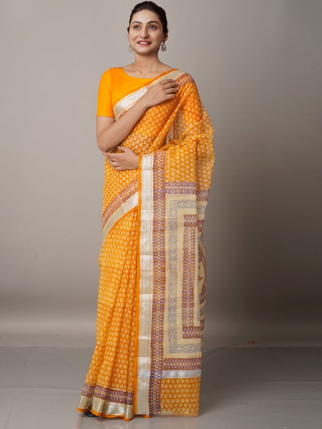 

Unnati Silks Orange & Silver-Toned Ethnic Motifs Zari Pure Cotton Kota Saree