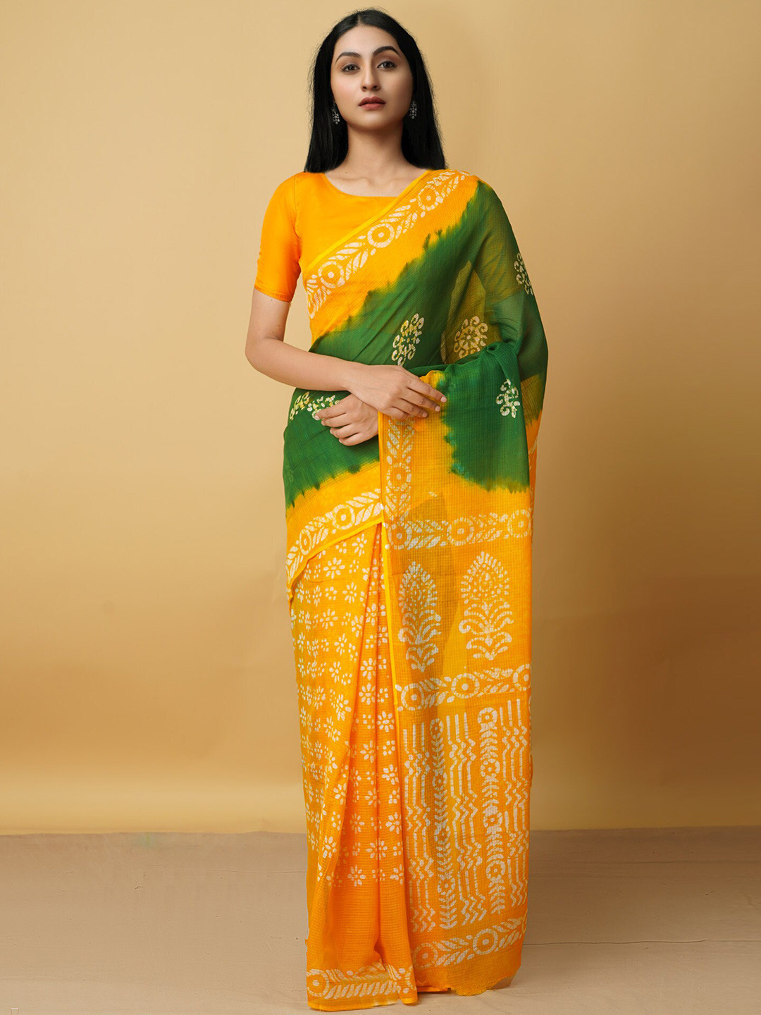 

Unnati Silks Green & Yellow Batik Pure Cotton Kota Saree