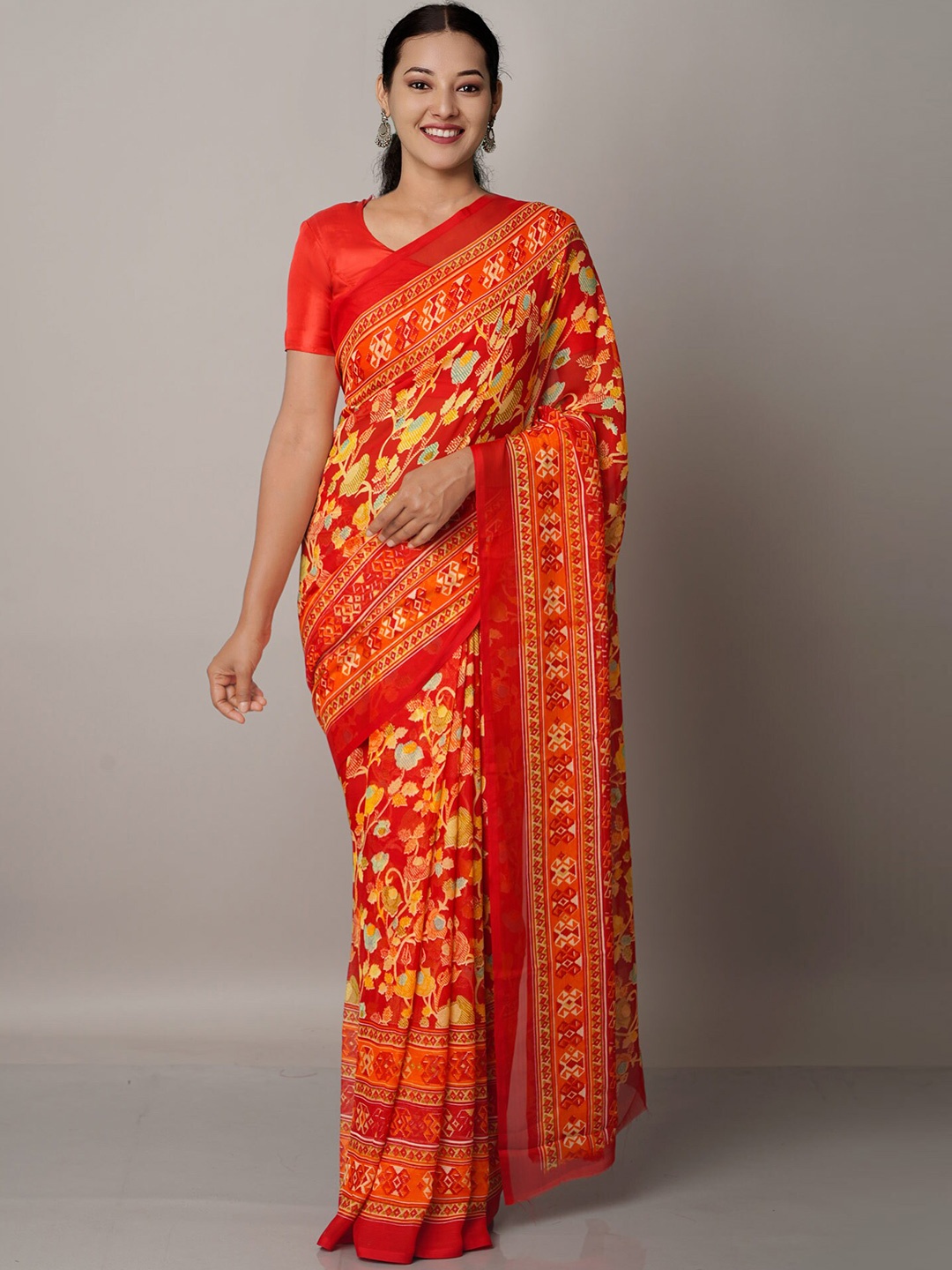 

Unnati Silks Red & Yellow Floral Block Print Saree
