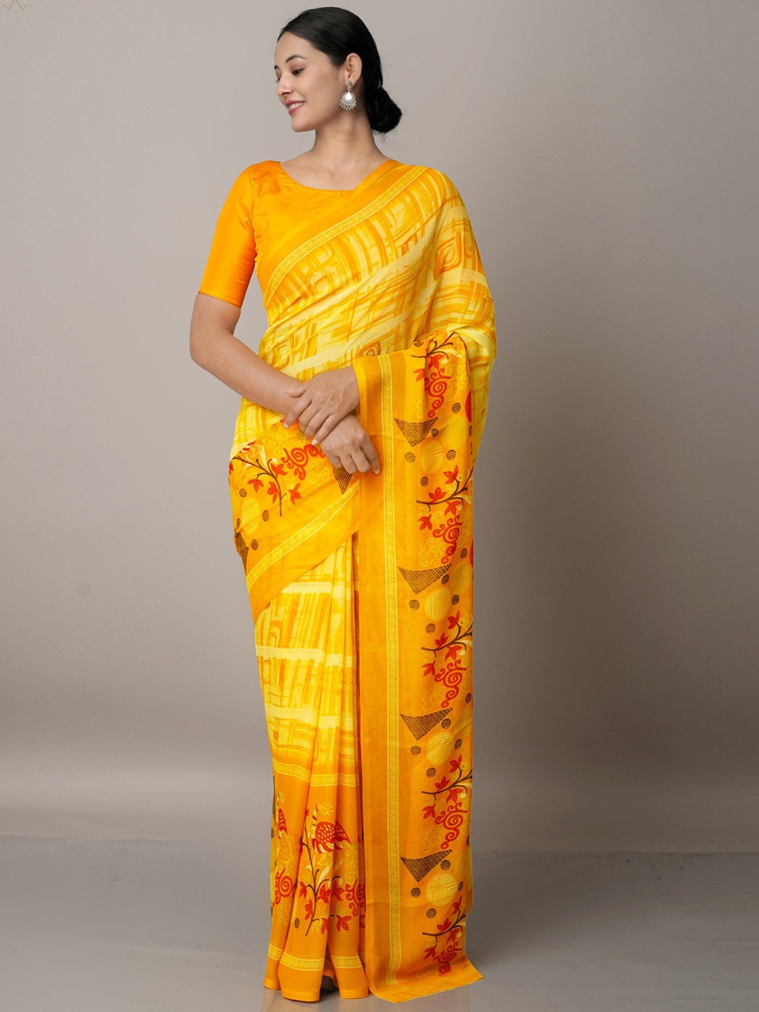 

Unnati Silks Yellow & Red Floral Block Print Saree