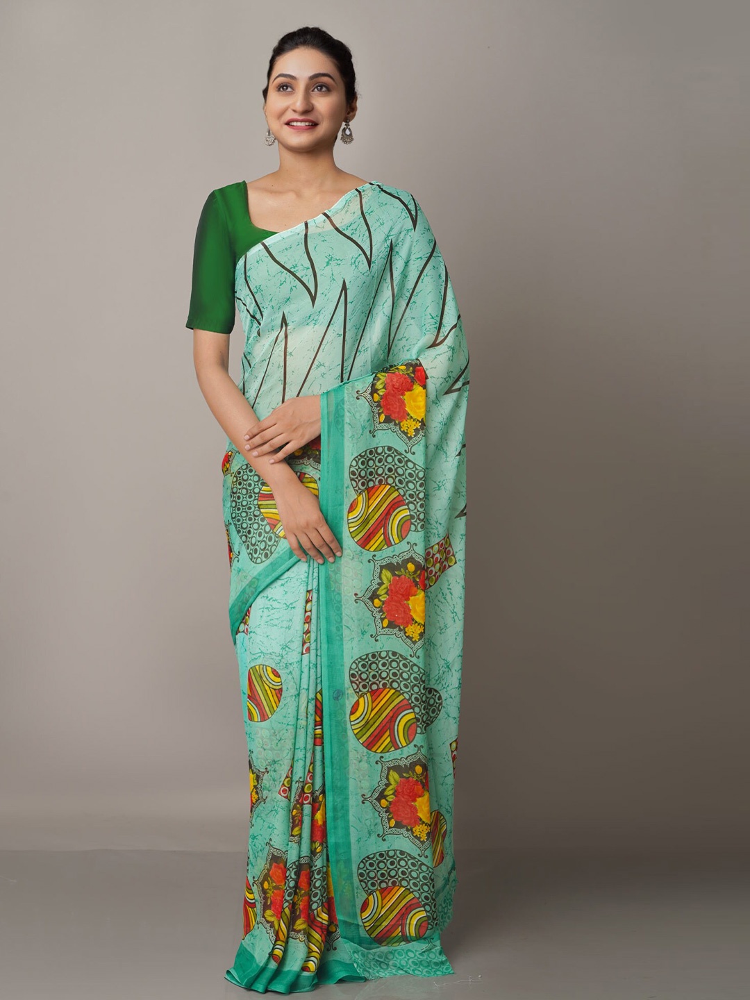 

Unnati Silks Green & Yellow Floral Silk Blend Block Print Saree
