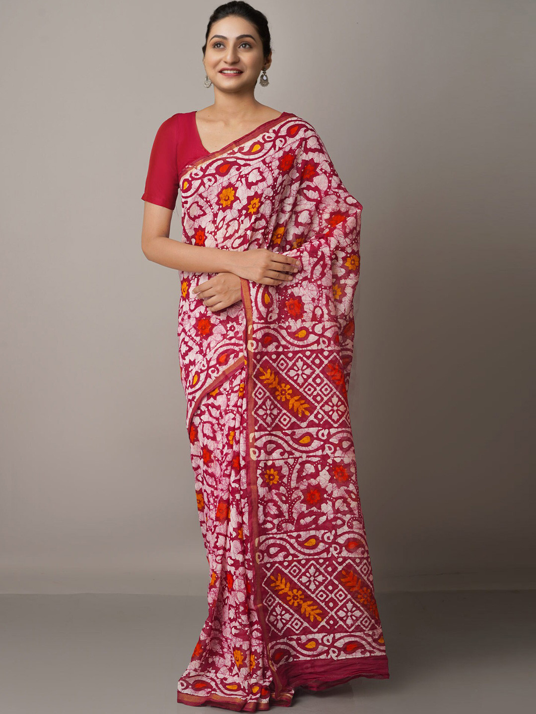 

Unnati Silks Purple & White Batik Zari Silk Cotton Chanderi Saree