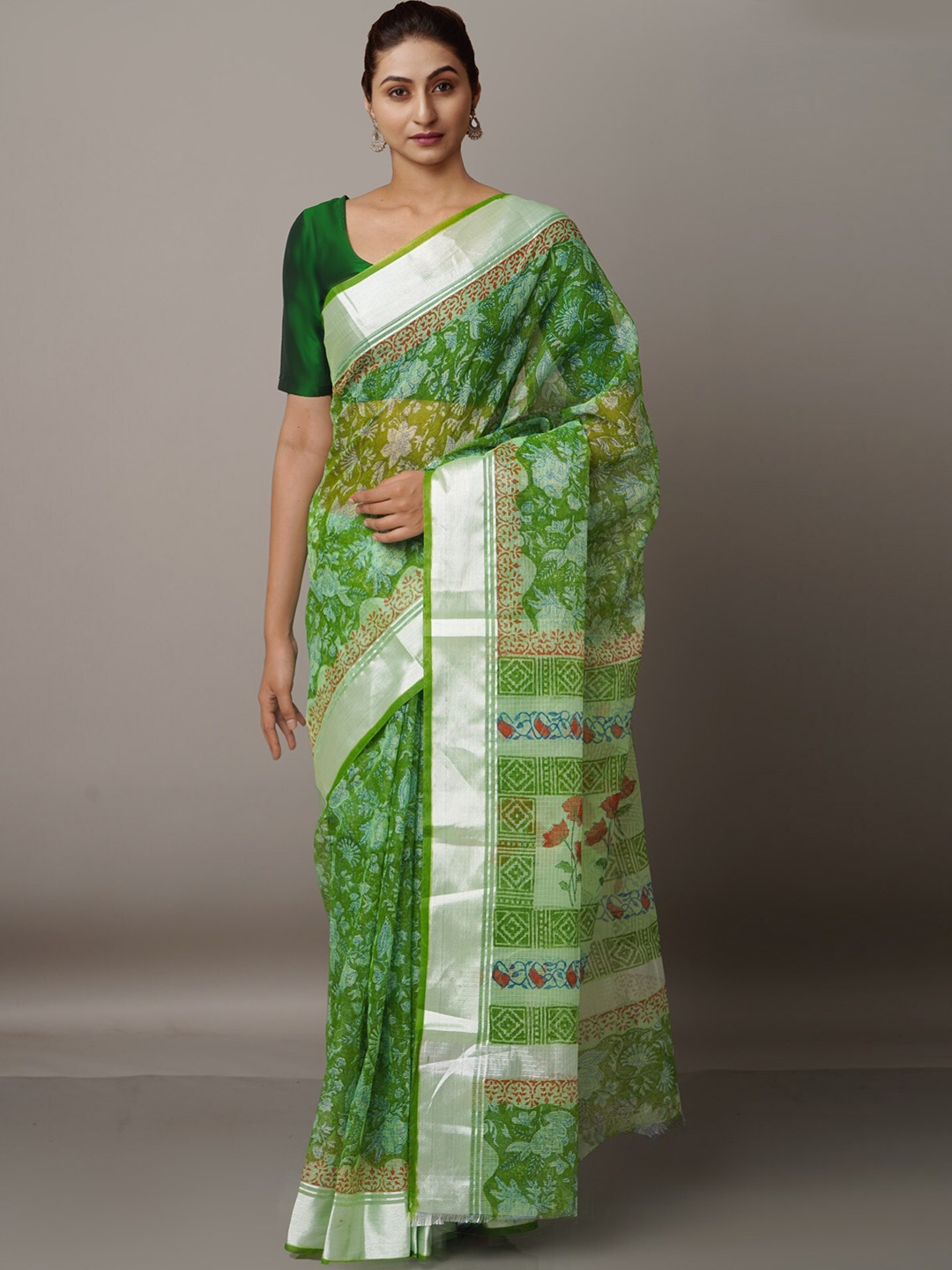 

Unnati Silks Green & Red Floral Zari Pure Cotton Kota Saree