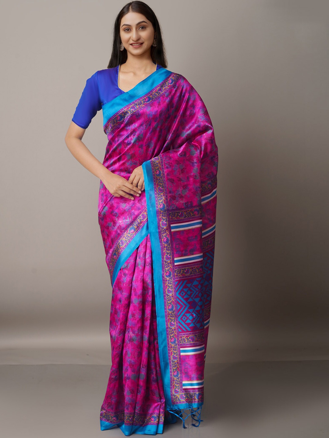 

Unnati Silks Pink & Blue Ethnic Motifs Art Silk Block Print Saree