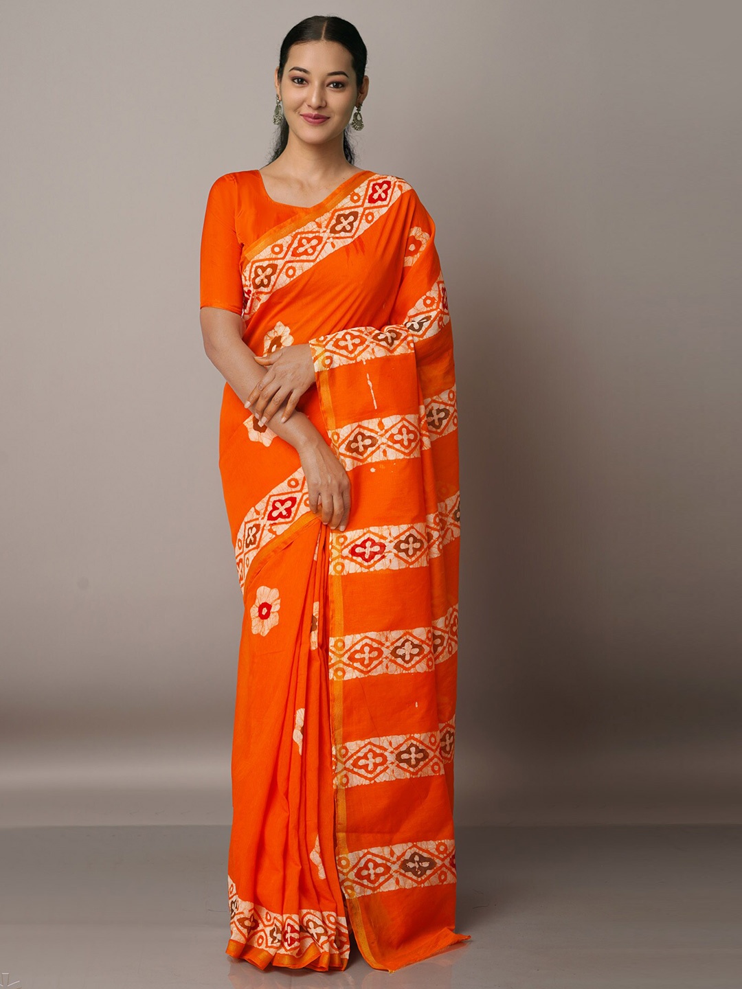 

Unnati Silks Orange & Off White Batik Silk Cotton Chanderi Saree
