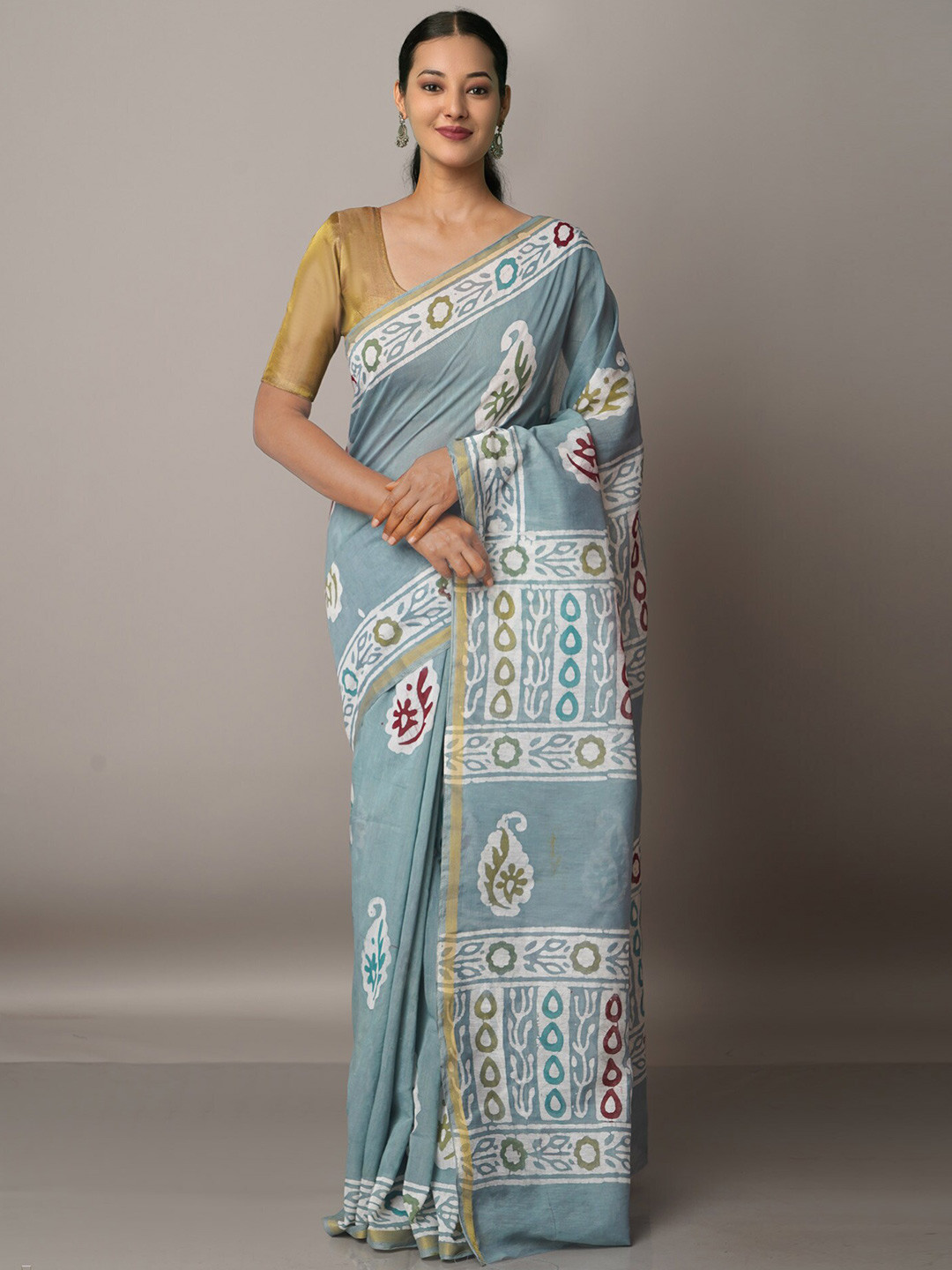

Unnati Silks Grey & White Batik Zari Silk Cotton Chanderi Saree