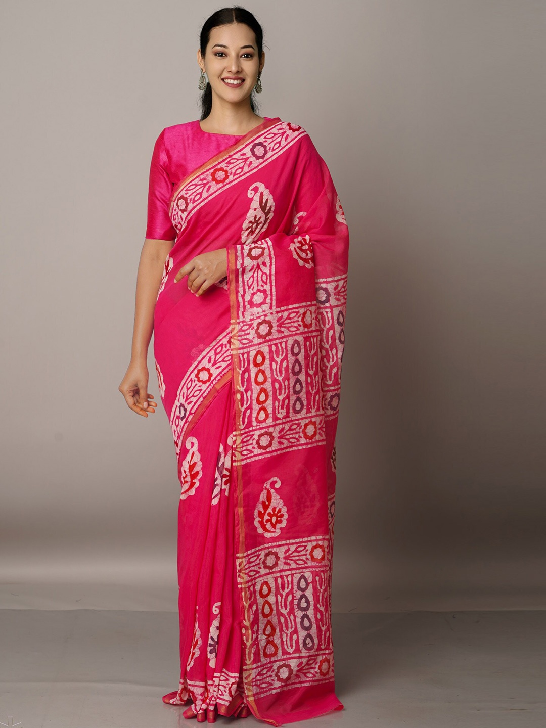 

Unnati Silks Pink & White Batik Silk Cotton Chanderi Saree