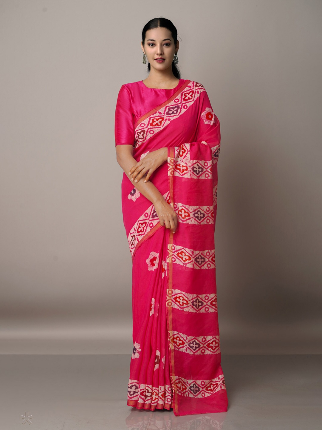 

Unnati Silks Pink & White Batik Silk Cotton Chanderi Saree