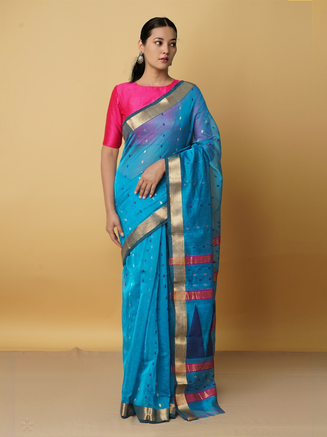 

Unnati Silks Blue & Pink Woven Design Zari Pure Cotton Maheshwari Saree