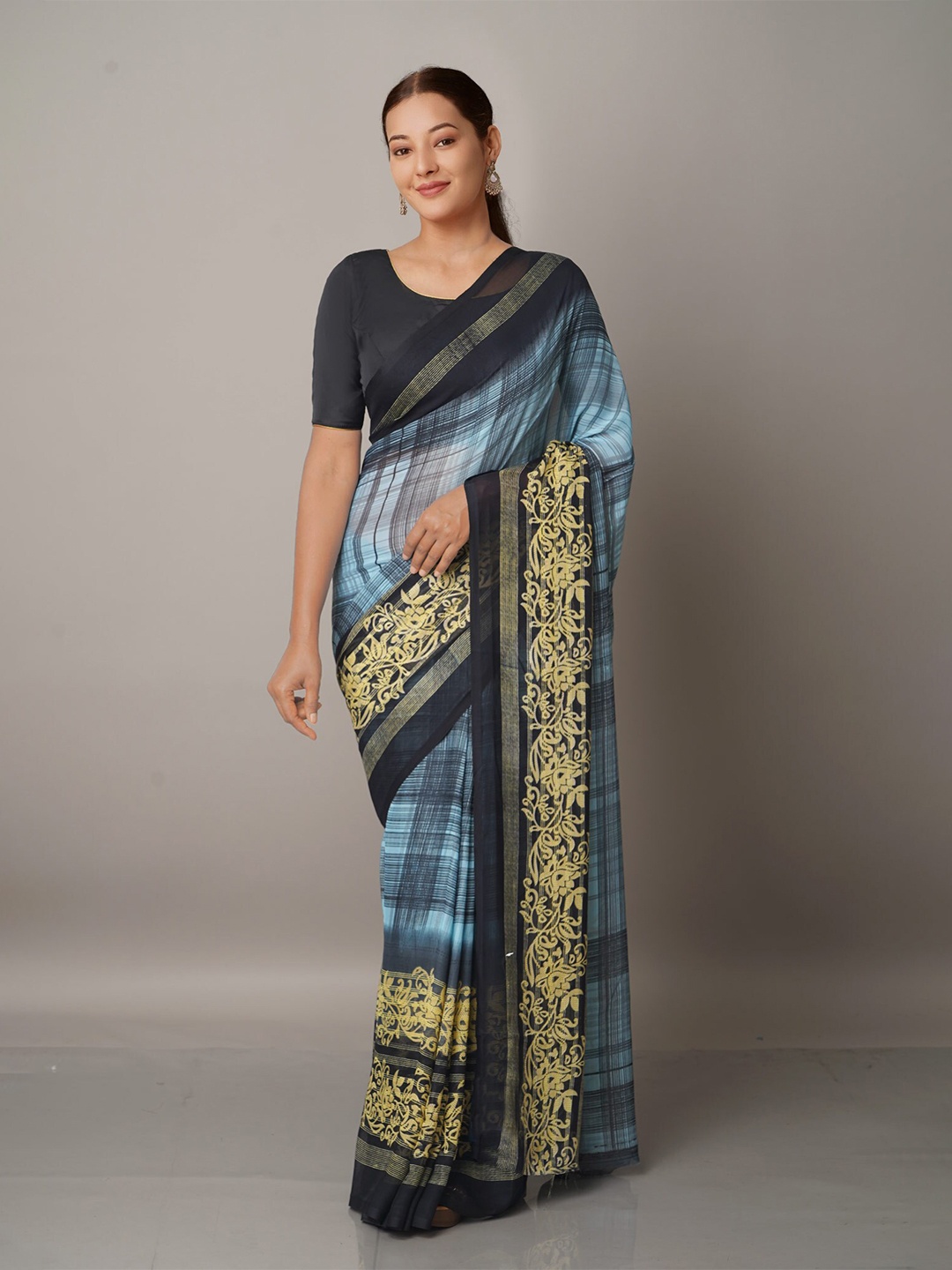 

Unnati Silks Blue & Beige Checked Block Print Saree