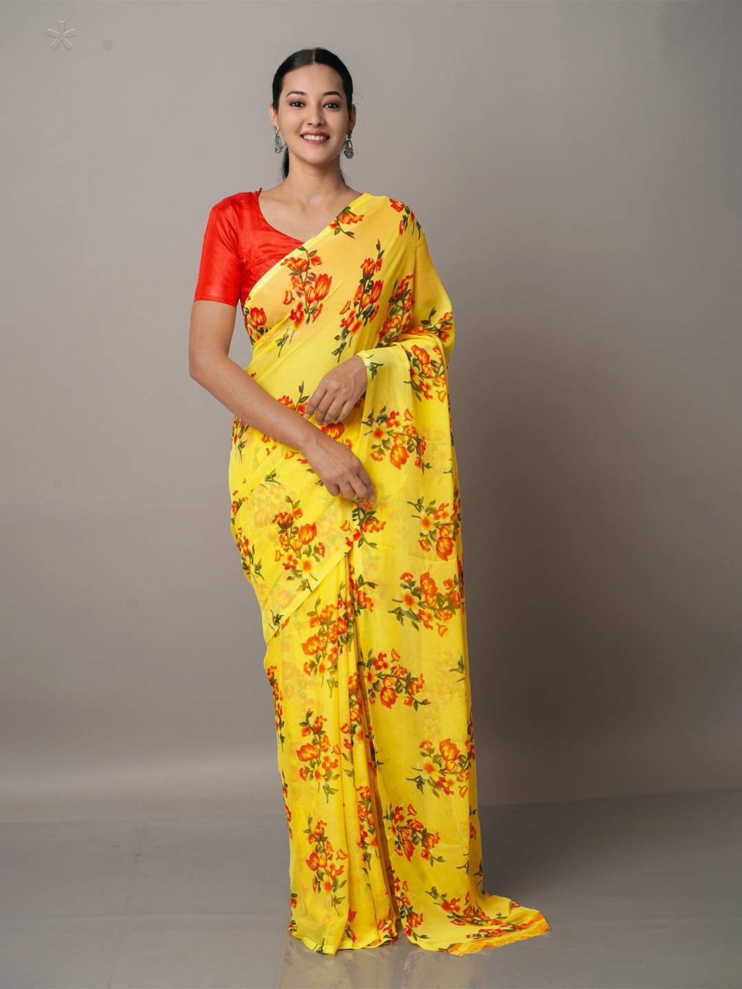

Unnati Silks Yellow & Red Floral Block Print Saree