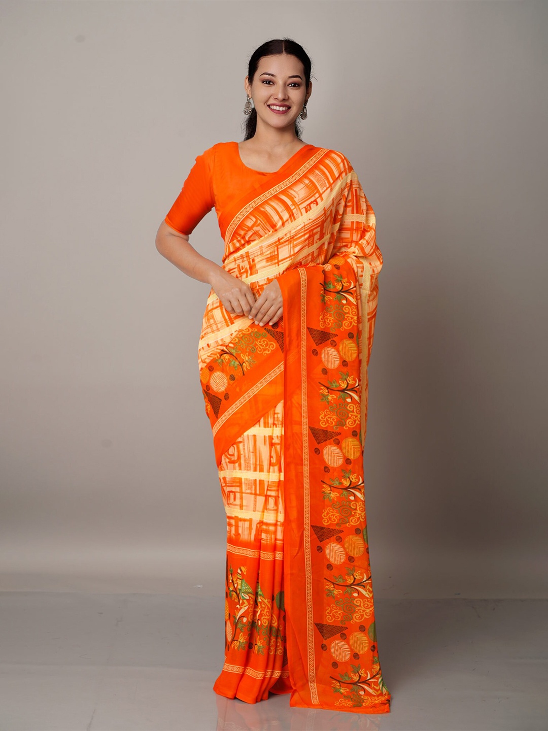 

Unnati Silks Orange & Cream-Coloured Floral Block Print Saree