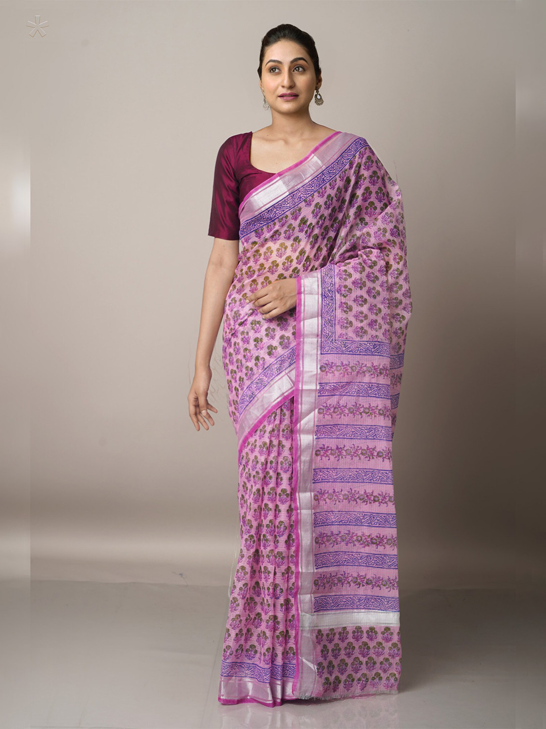 

Unnati Silks Pink & Silver-Toned Ethnic Motifs Zari Pure Cotton Kota Saree