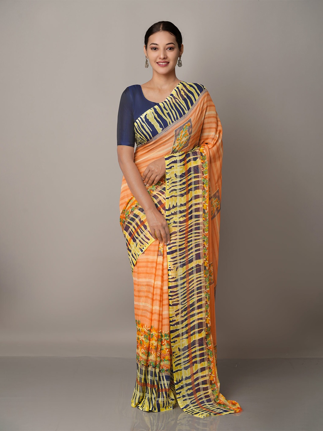 

Unnati Silks Orange & Yellow Floral Silk Blend Block Print Saree