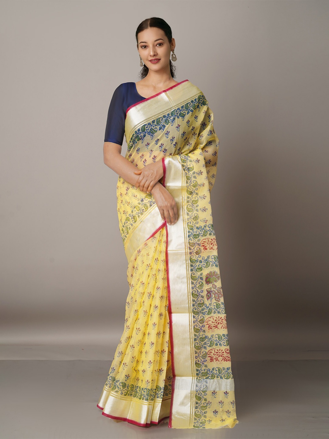 

Unnati Silks Yellow & Green Ethnic Motifs Zari Pure Cotton Kota Saree