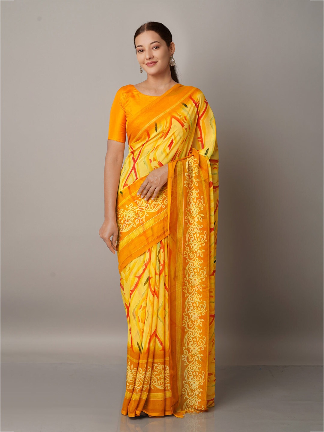 

Unnati Silks Yellow & Red Block Print Saree