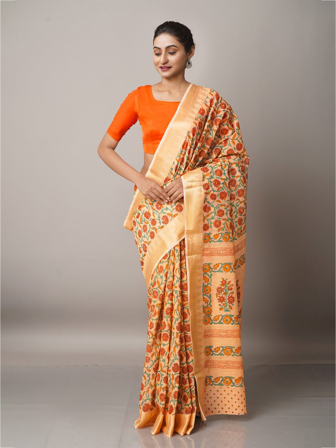 

Unnati Silks Orange & Blue Ethnic Motifs Zari Pure Cotton Kota Saree