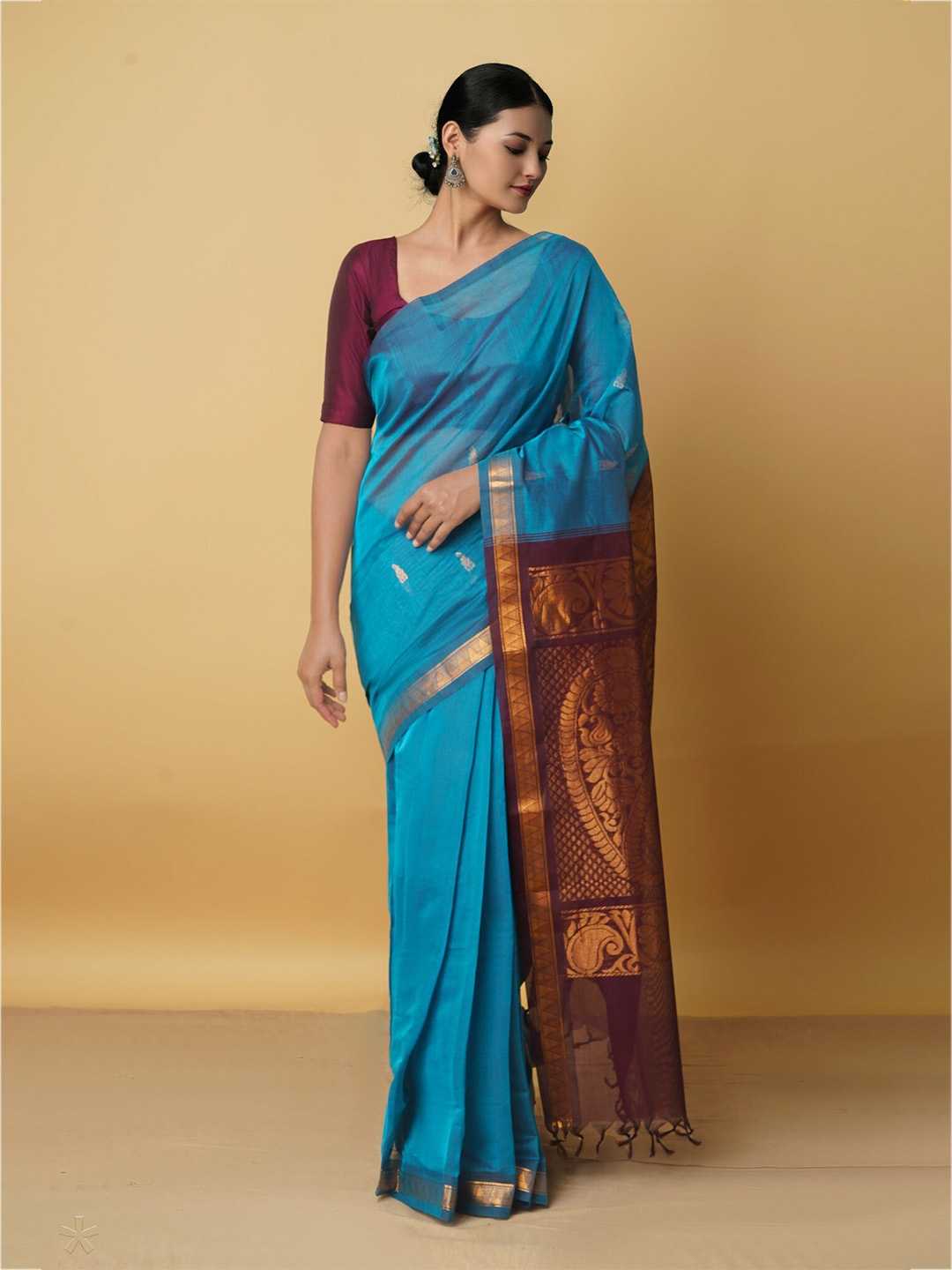 

Unnati Silks Blue & Maroon Woven Design Zari Pure Cotton Venkatgiri Saree