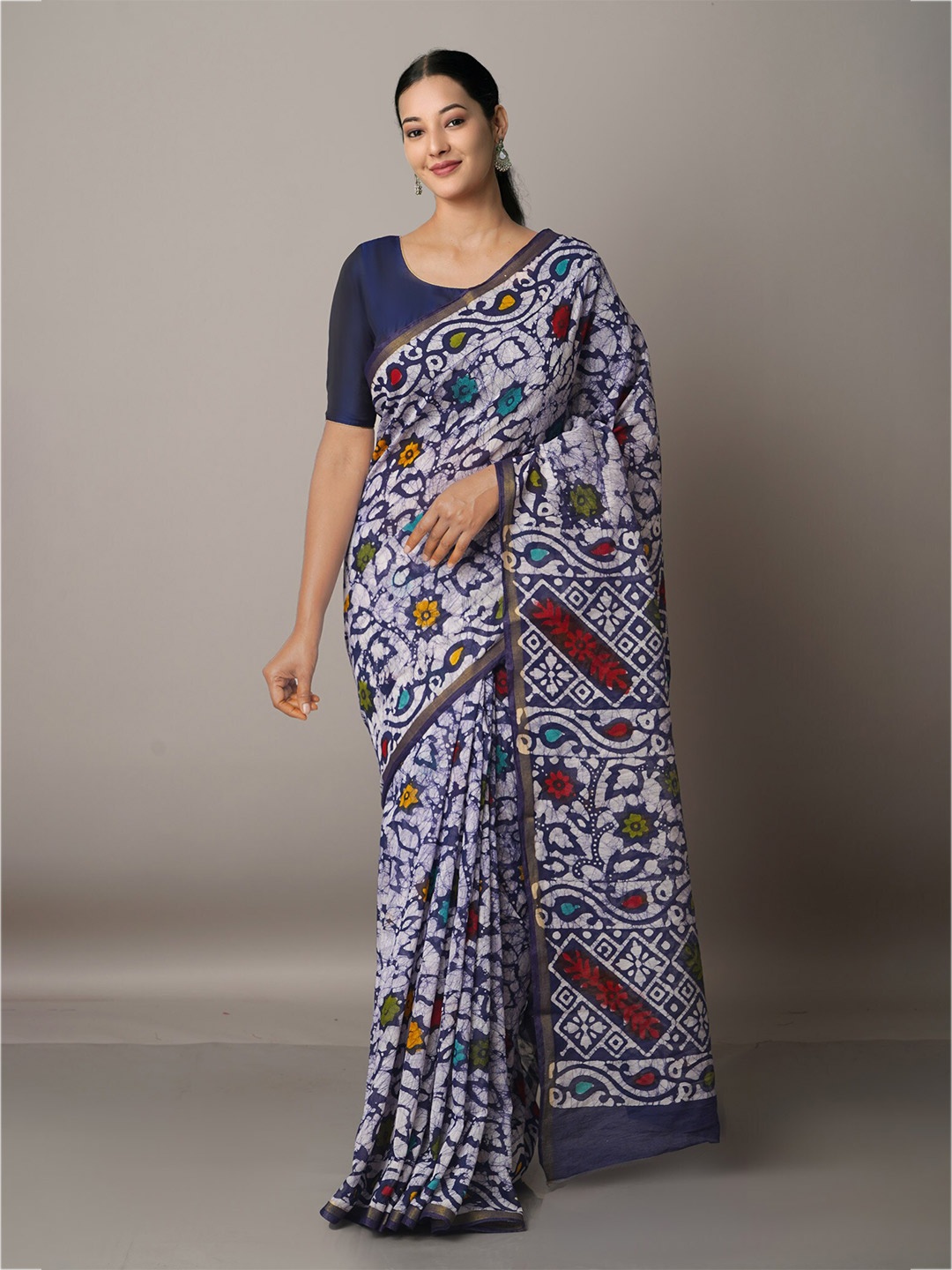 

Unnati Silks Navy Blue & White Batik Zari Silk Cotton Chanderi Saree
