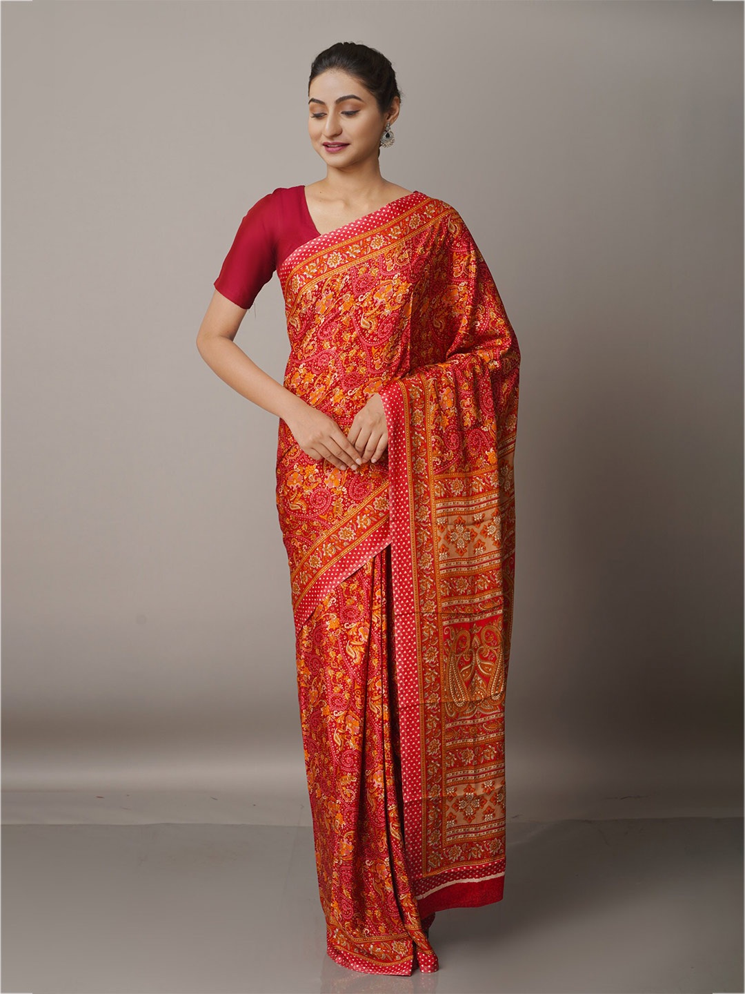 

Unnati Silks Red & Orange Ethnic Motifs Silk Blend Block Print Saree