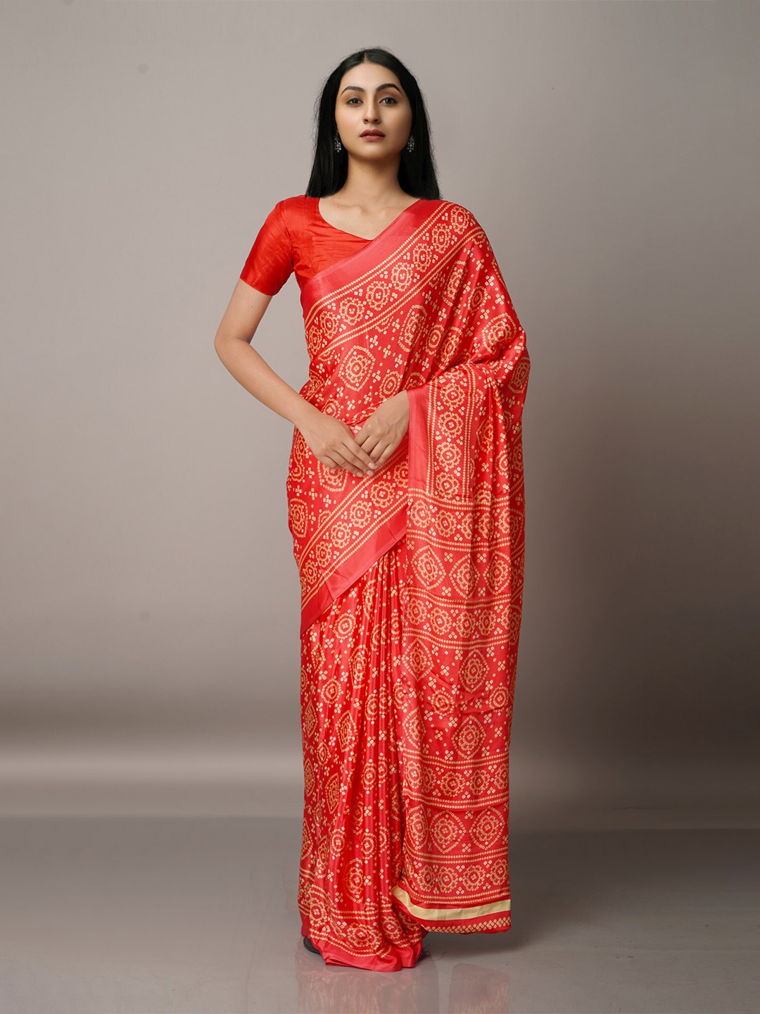

Unnati Silks Red & Cream-Coloured Bandhani Silk Blend Bandhani Saree