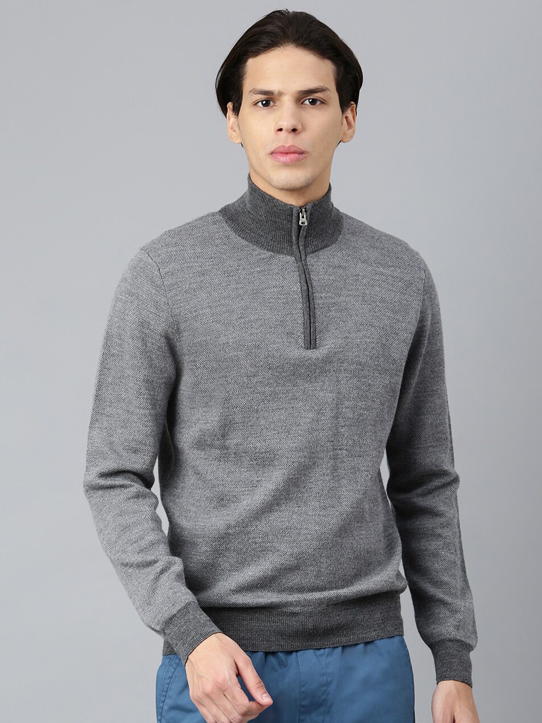 

Woods Men Grey Solid Mock Collar Pullover