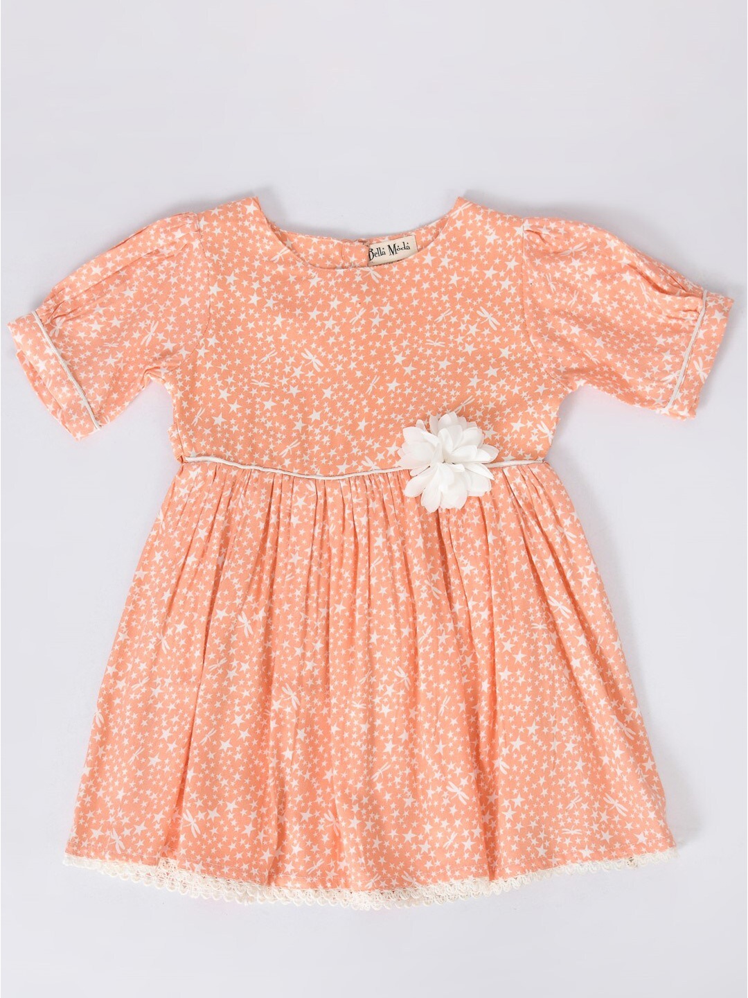 

Bella Moda Girls Peach-Coloured Printed Flared Dress