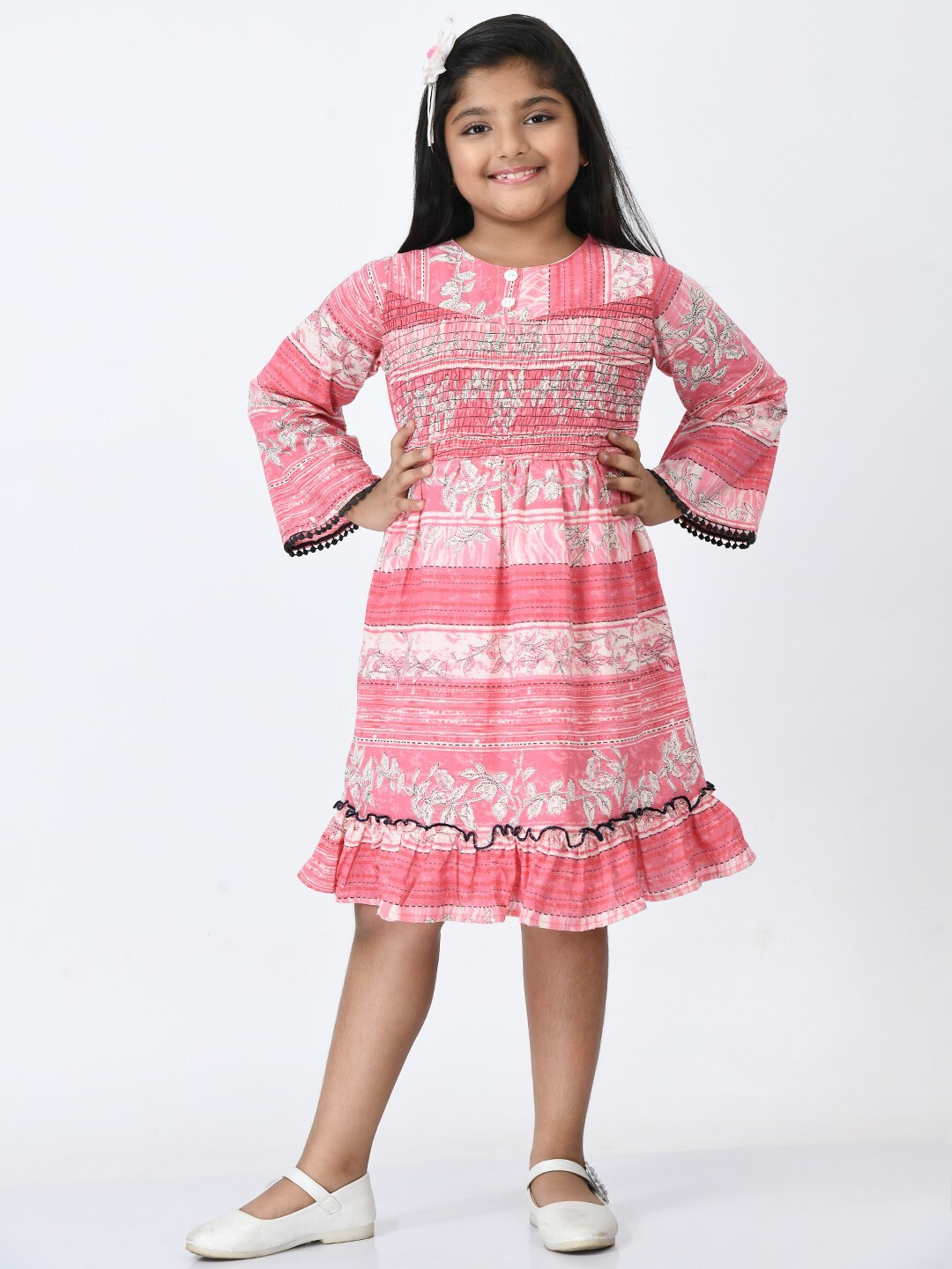

Bella Moda Girls Peach-Coloured & White Ethnic Motifs Cotton Dress