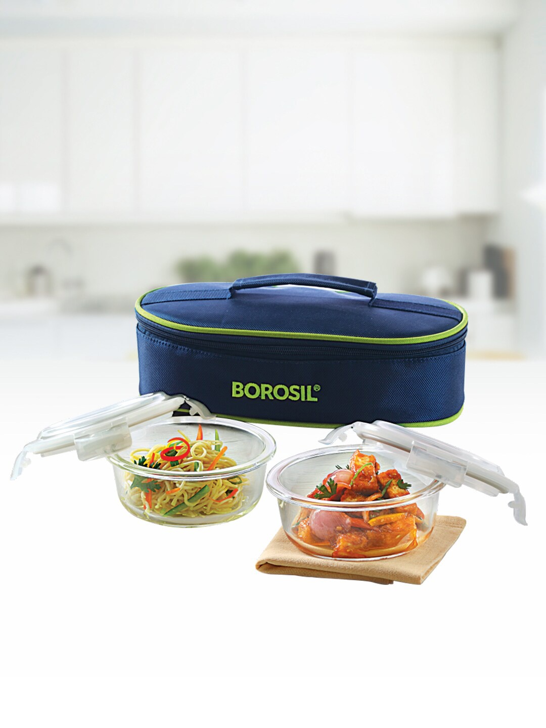 

BOROSIL Klip-N-Store Transparent Set Of 2 Horizontal Glass Lunch Box With Bag 400 ml Each