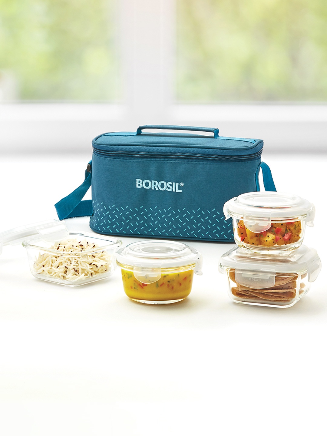 

BOROSIL Klip-N-Store Set of 4 Microwave Safe Glass Lunch Box With Bag, Transparent