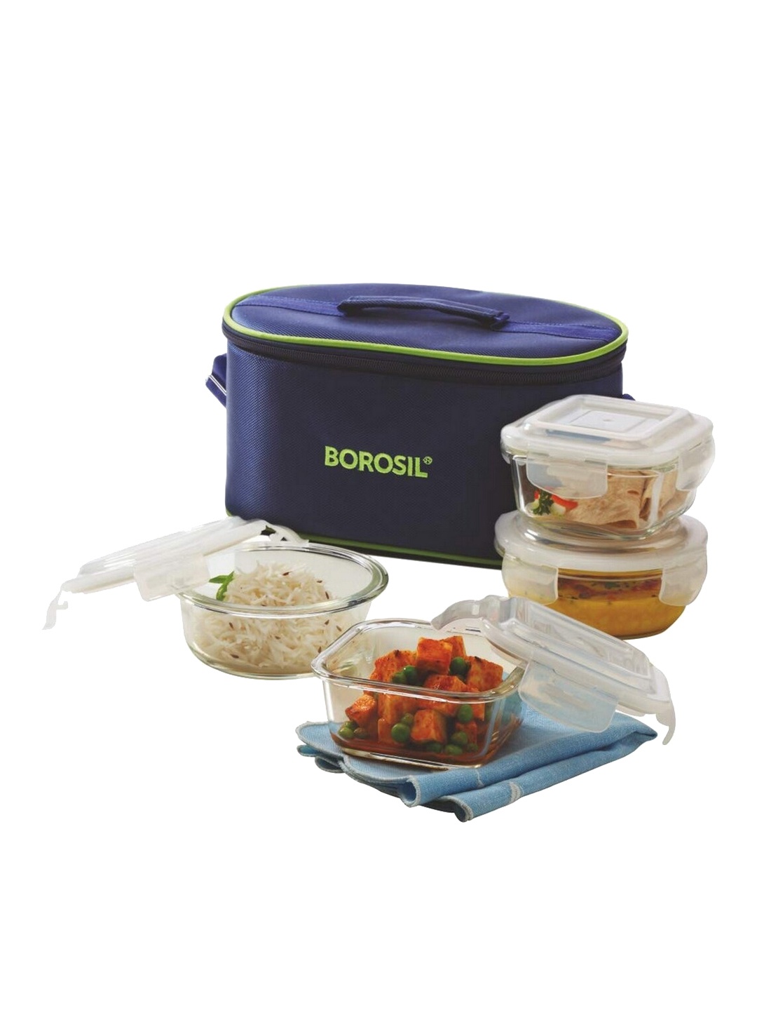 

BOROSIL Klip-N-Store Transparent Set Of 4 Glass Lunch Box With Bag 320 ml & 400 ml