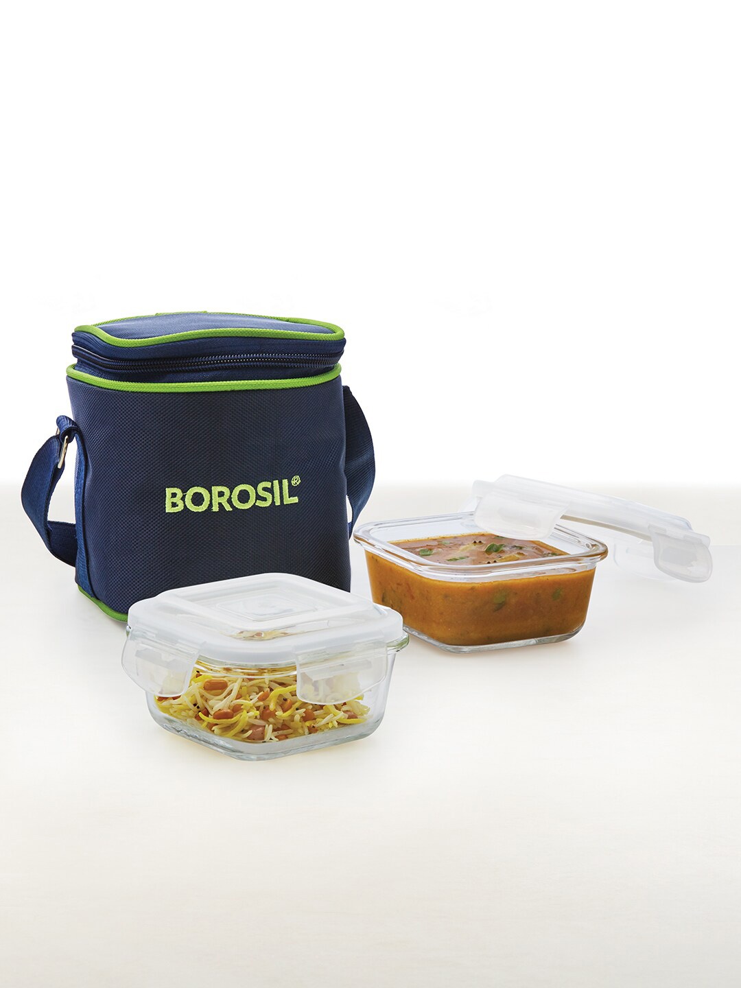 

BOROSIL Klip-N-Store Vertical Transparent Set Of 2 Glass Lunch Box with Bag 320 ml Each