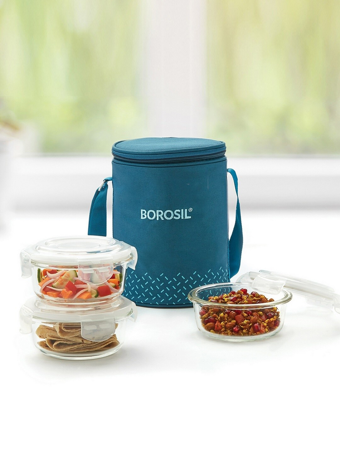 

BOROSIL Klip-N-Store Set Of 3 Teal Glass Lunch Box With Bag 400 ml Each, Transparent