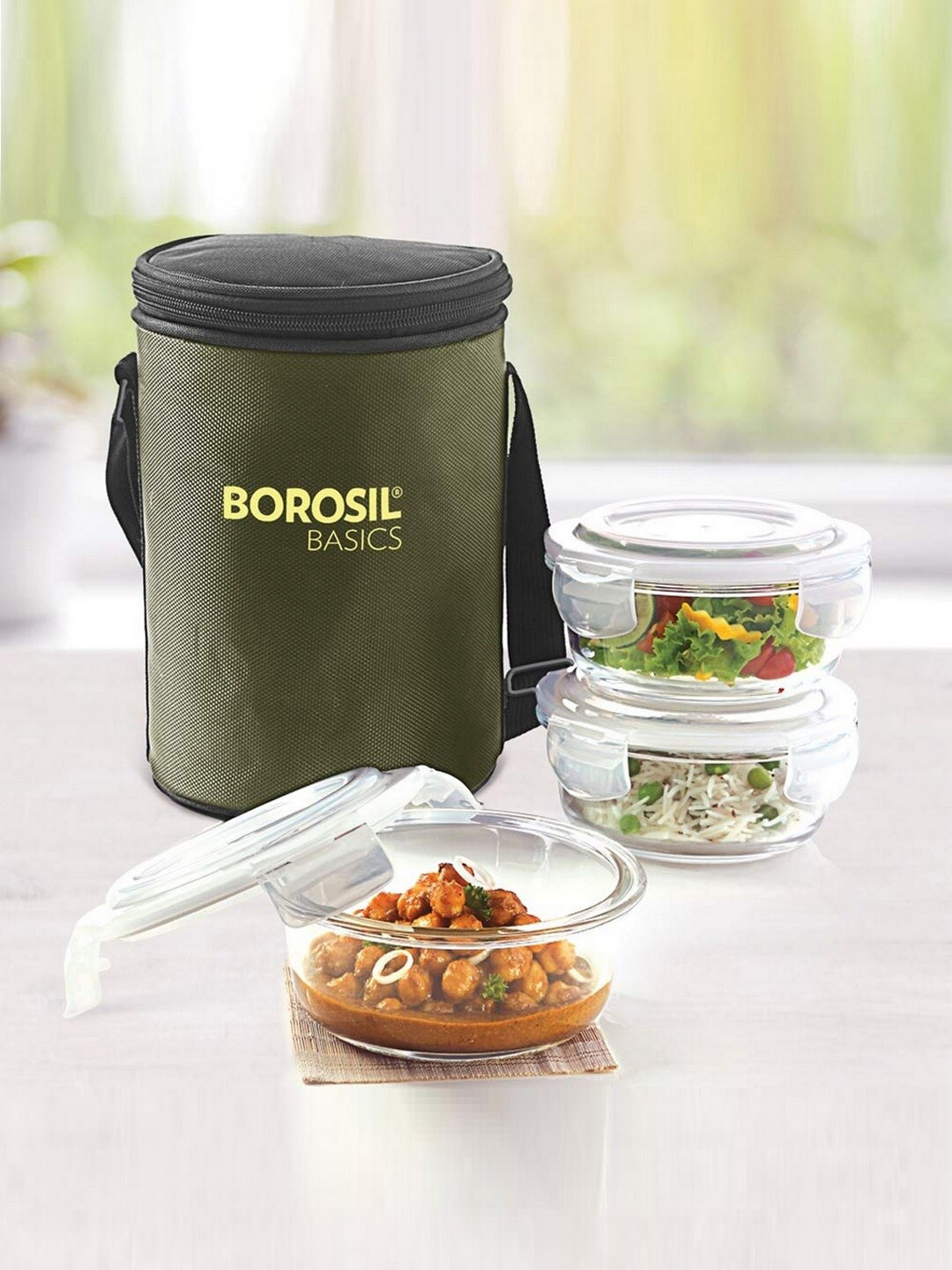 

BOROSIL Klip-N-Store Set Of 3 Basics Glass Lunch Box With Bag 400 ml Each, Transparent