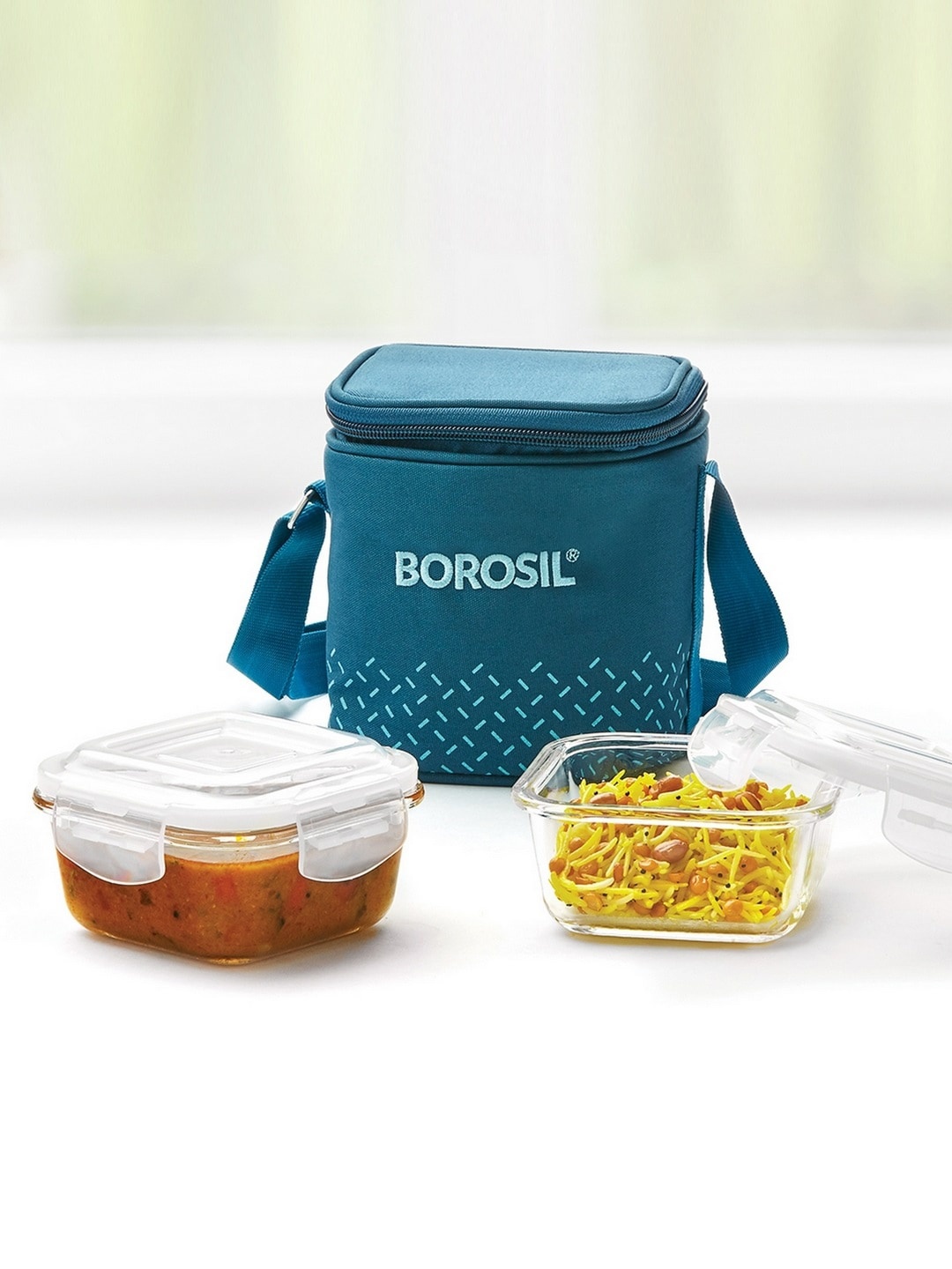 

BOROSIL Klip-N-Store Set Of 2 Teal Vertical Glass Lunch Box With Bag 320 ml Each, Transparent