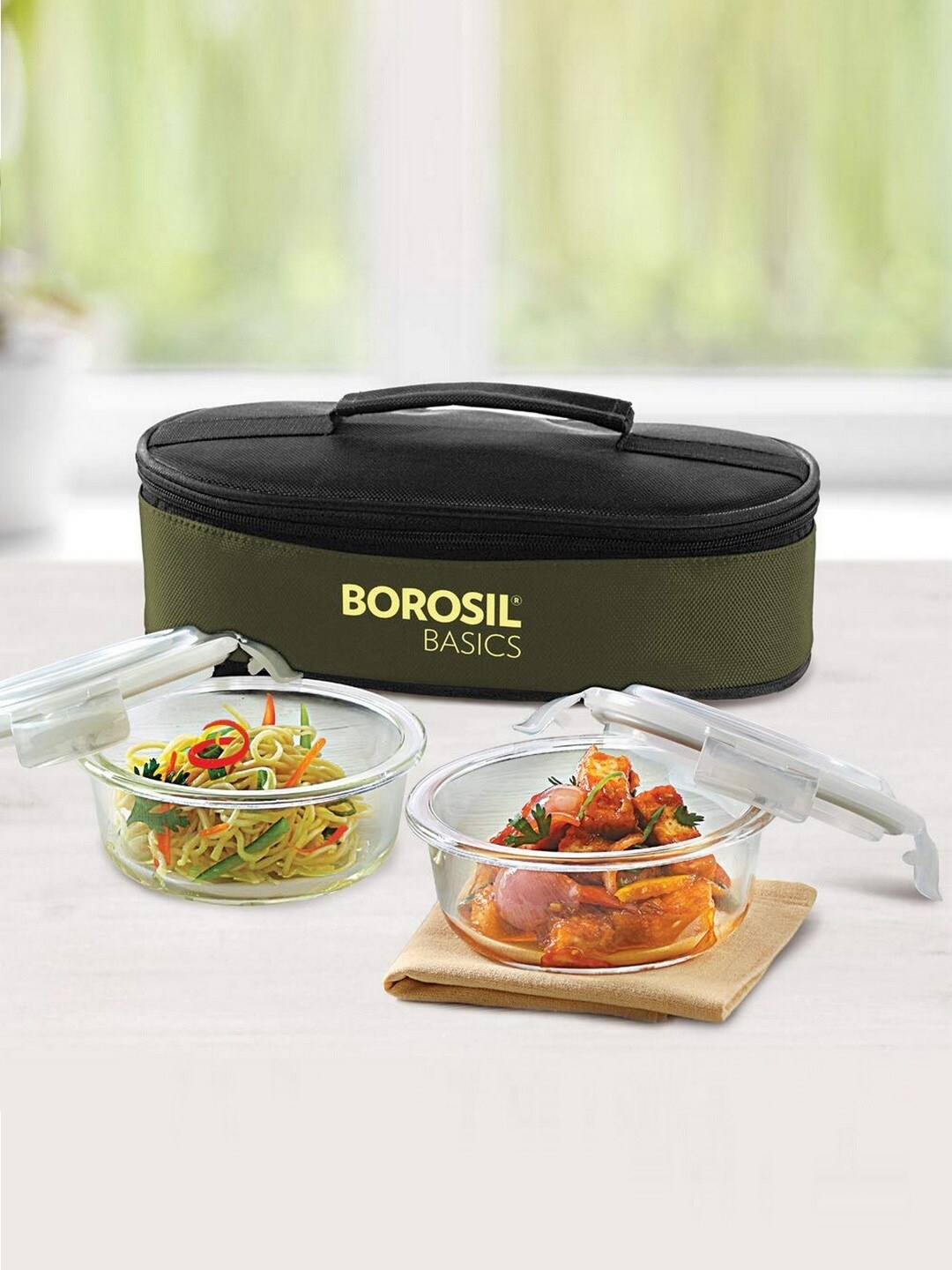 

BOROSIL Set Of 2 Klip-N-Store Basics Horizontal Glass Lunch Box With Bag 400 ml each, Transparent