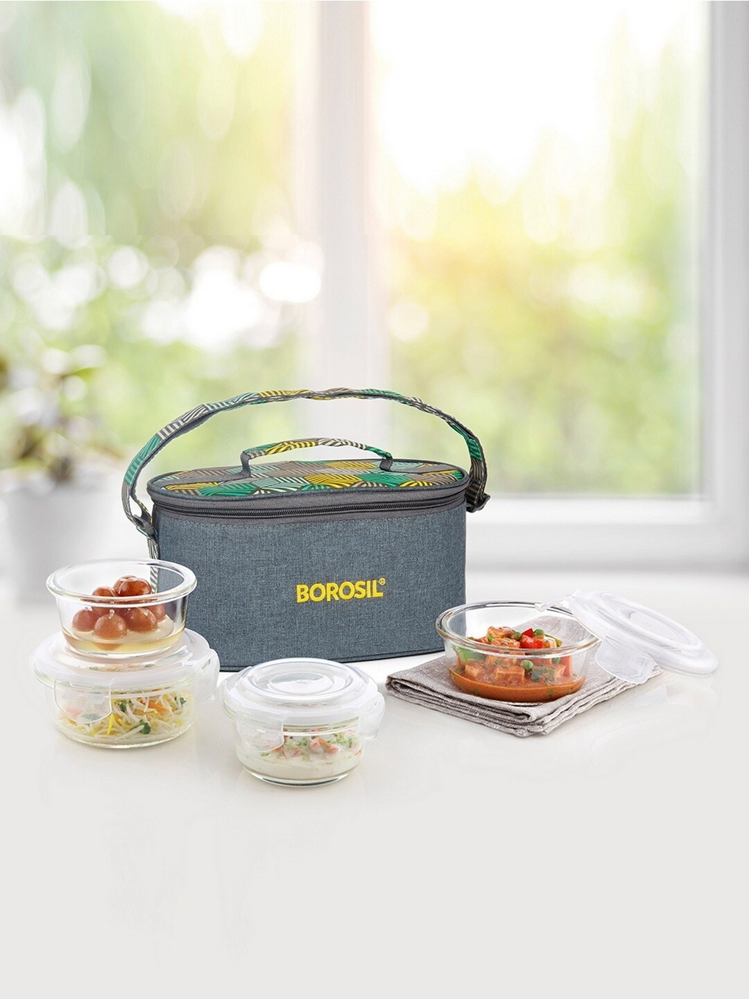 

BOROSIL Klip-N-Store Olive Fusion Set Of 4 Glass Lunch Box With Bag, Transparent