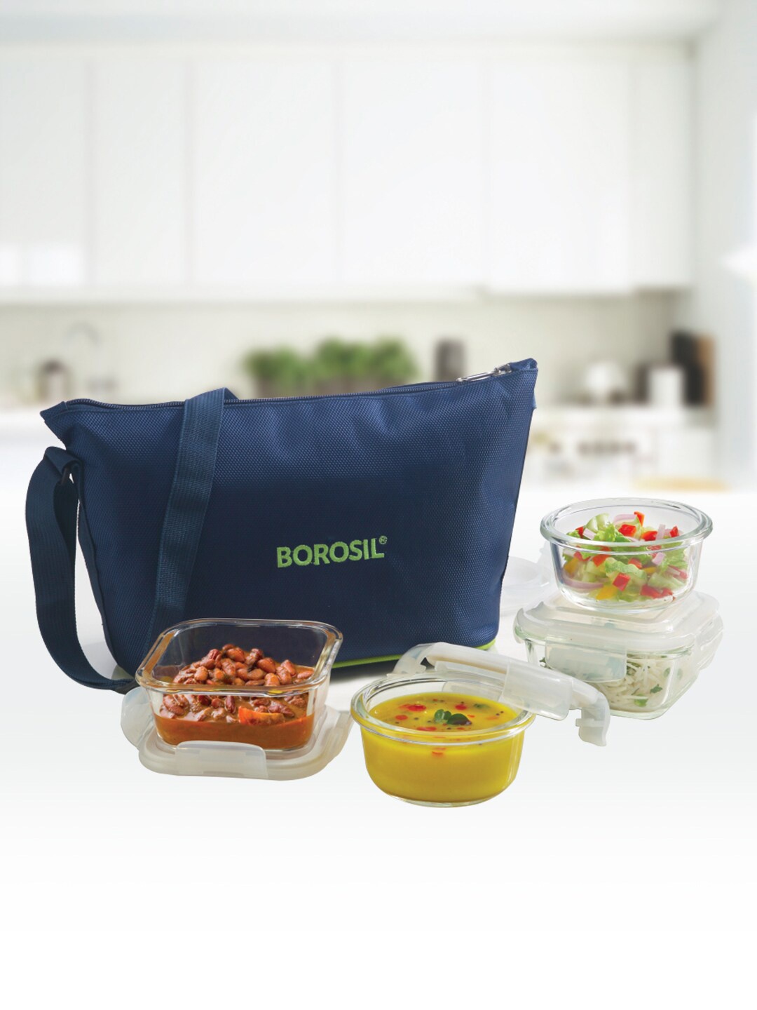 

BOROSIL Klip-N-Store Daisy Set Of 4 Glass Lunch Box With Bag, Transparent