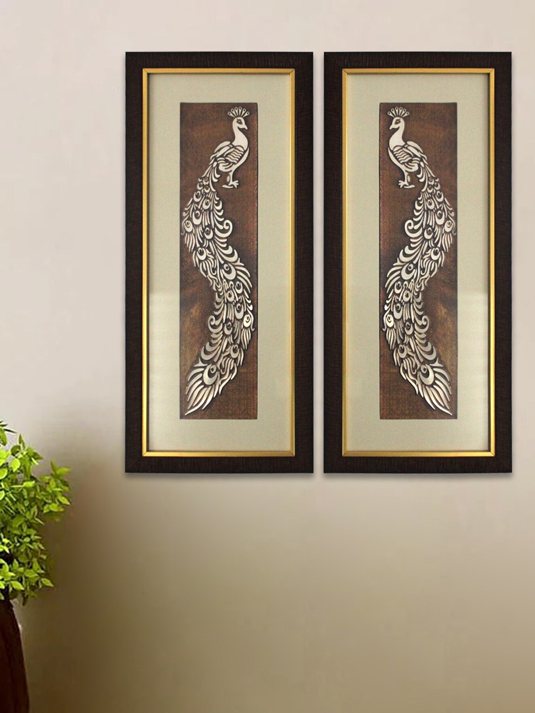 

SHREE KALA HOME DECOR Peacock Couple Feather Foil Embossed Wall Painting, Brown