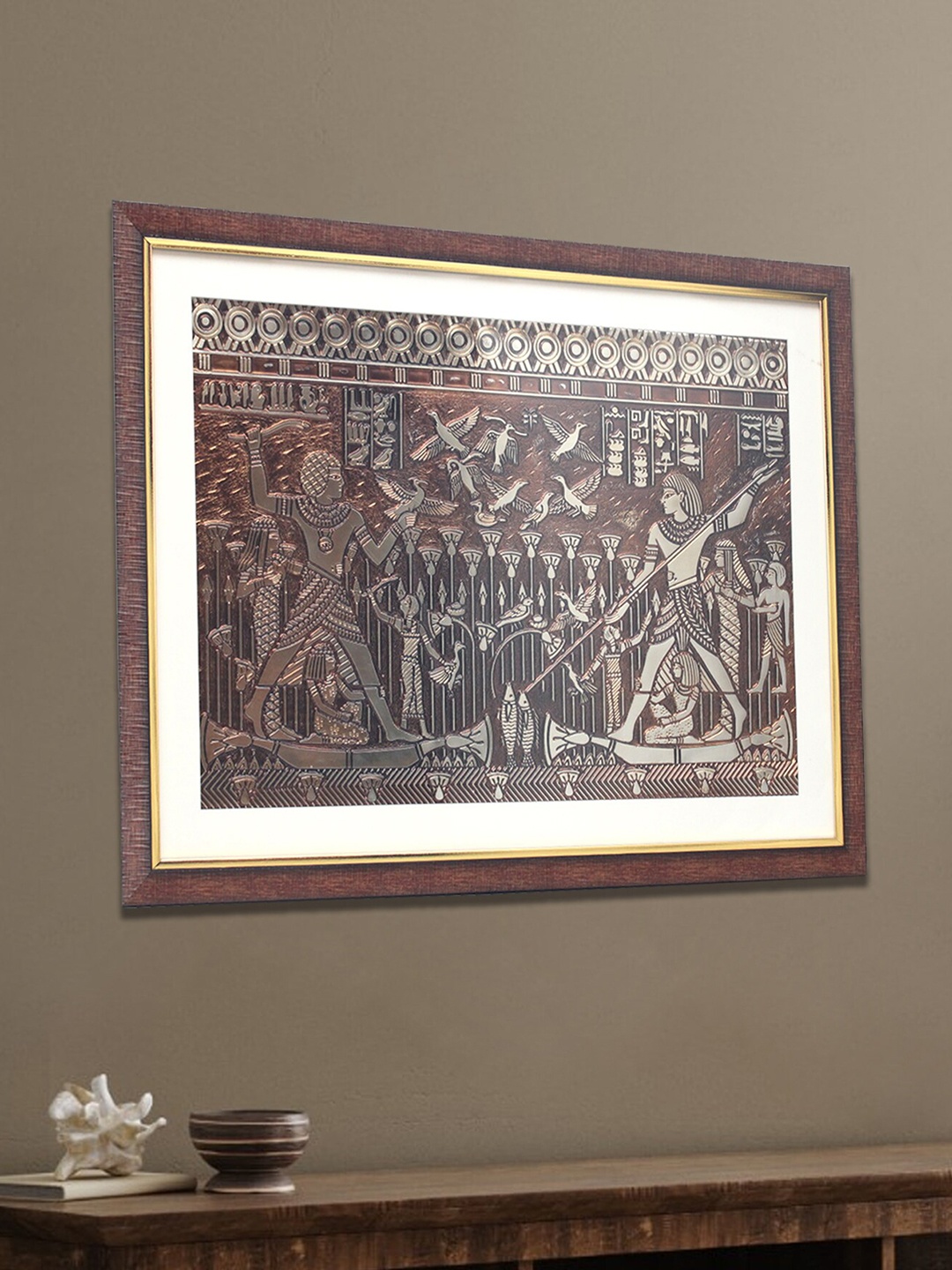 

SHREE KALA HOME DECOR Egypt Bird Hunting And Fishing Foil Embossed Wall Painting, Brown
